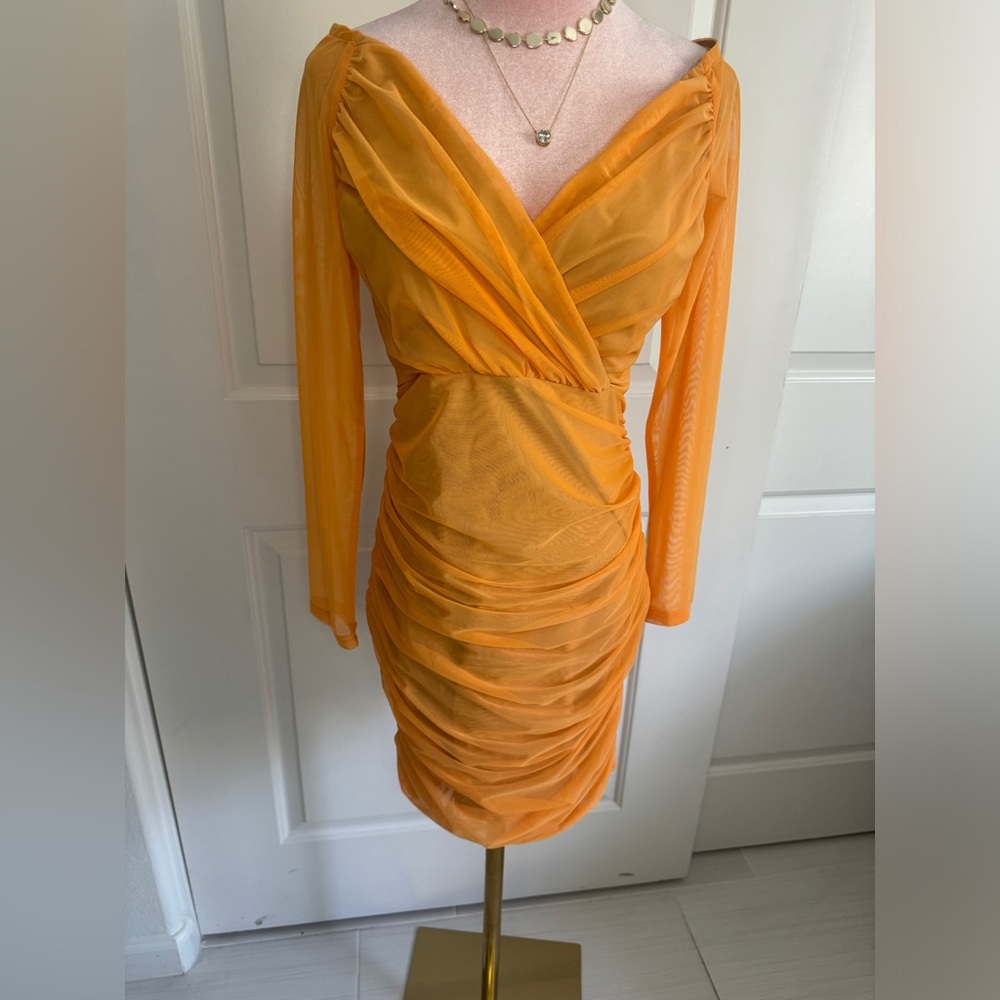 Orange Ruched Long Sleeve Bodycon Dress